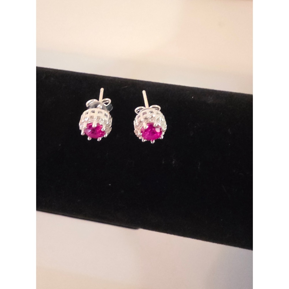 Sterling Silver Pink Ruby Halo Stud Earrings Round Cut Basket Setting